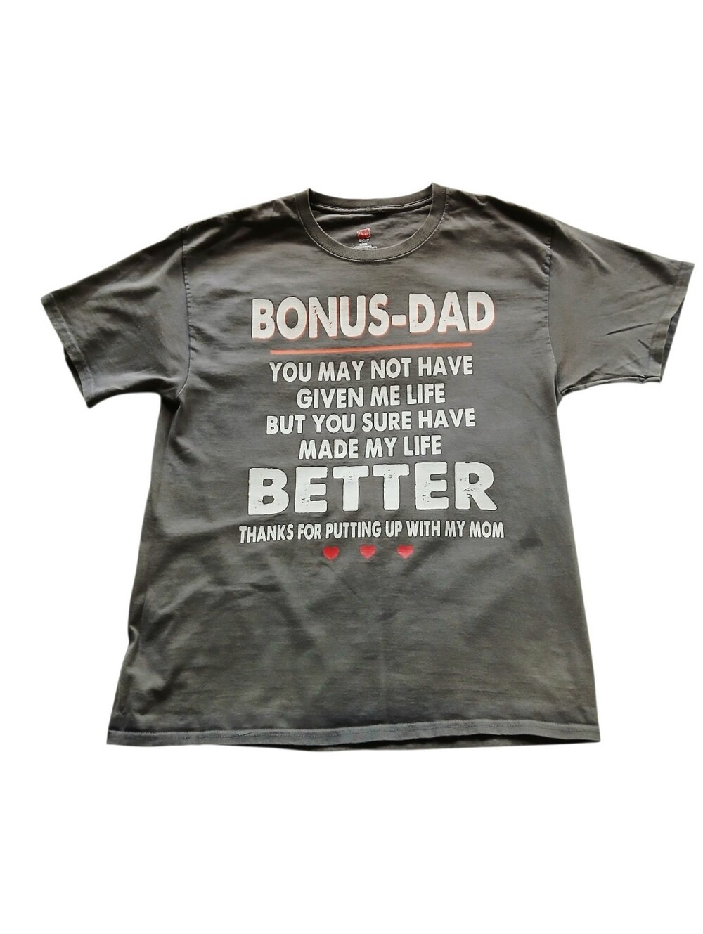 EUC Bonus-Dad Graphic Tee, Size Large, Men, Charcoal Gray, Red and White